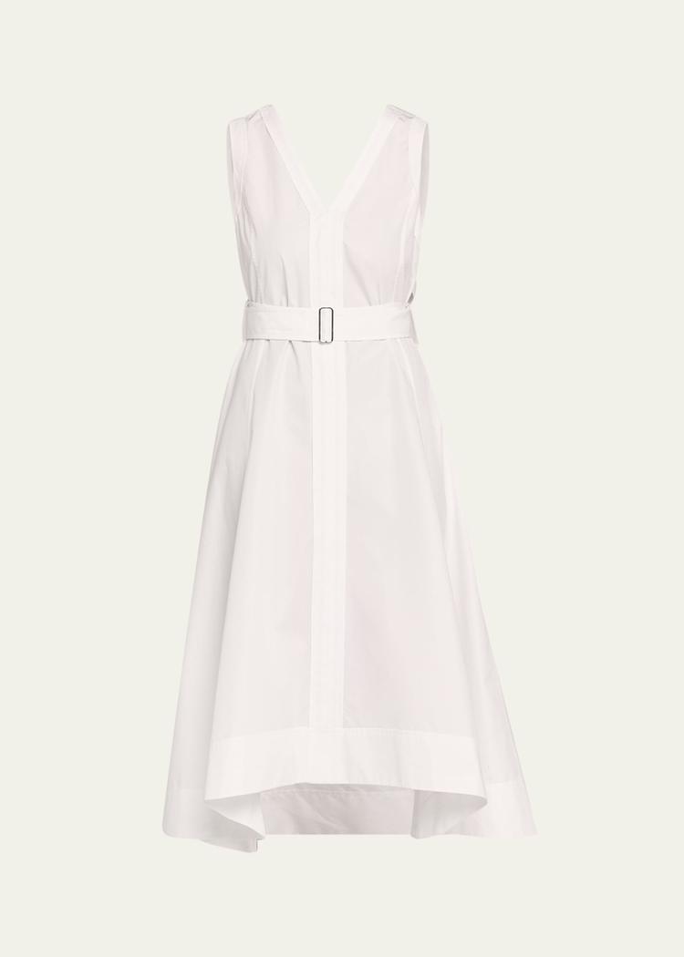 v-neck sleeveless belted midi dress