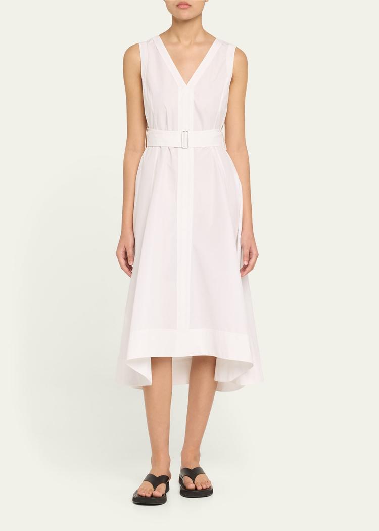 v-neck sleeveless belted midi dress