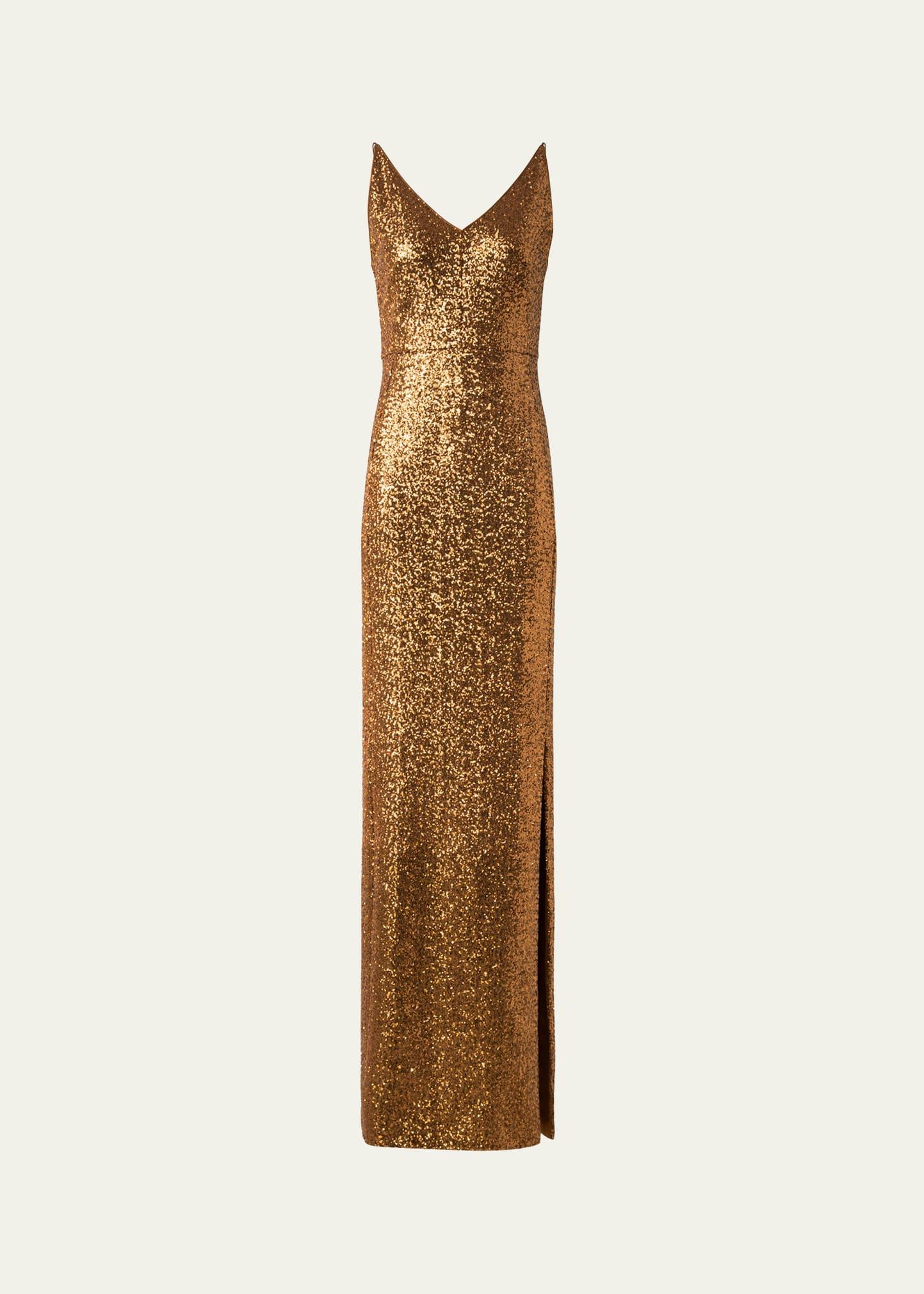 v-neck stretch paillette jersey slit gown