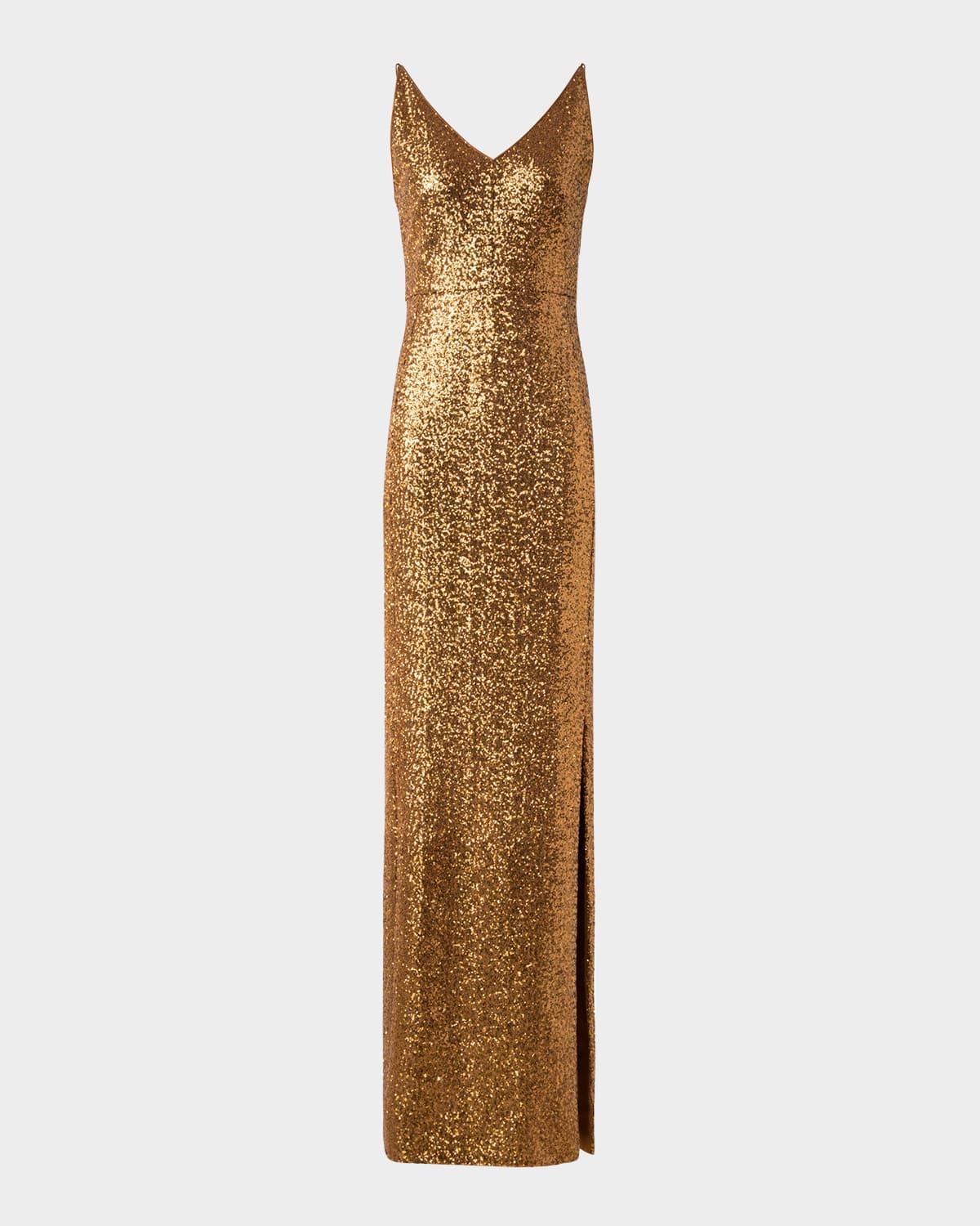 v-neck stretch paillette jersey slit gown