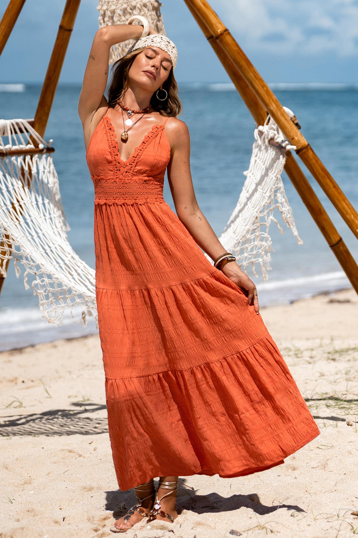 vacation glam orange maxi dress - l