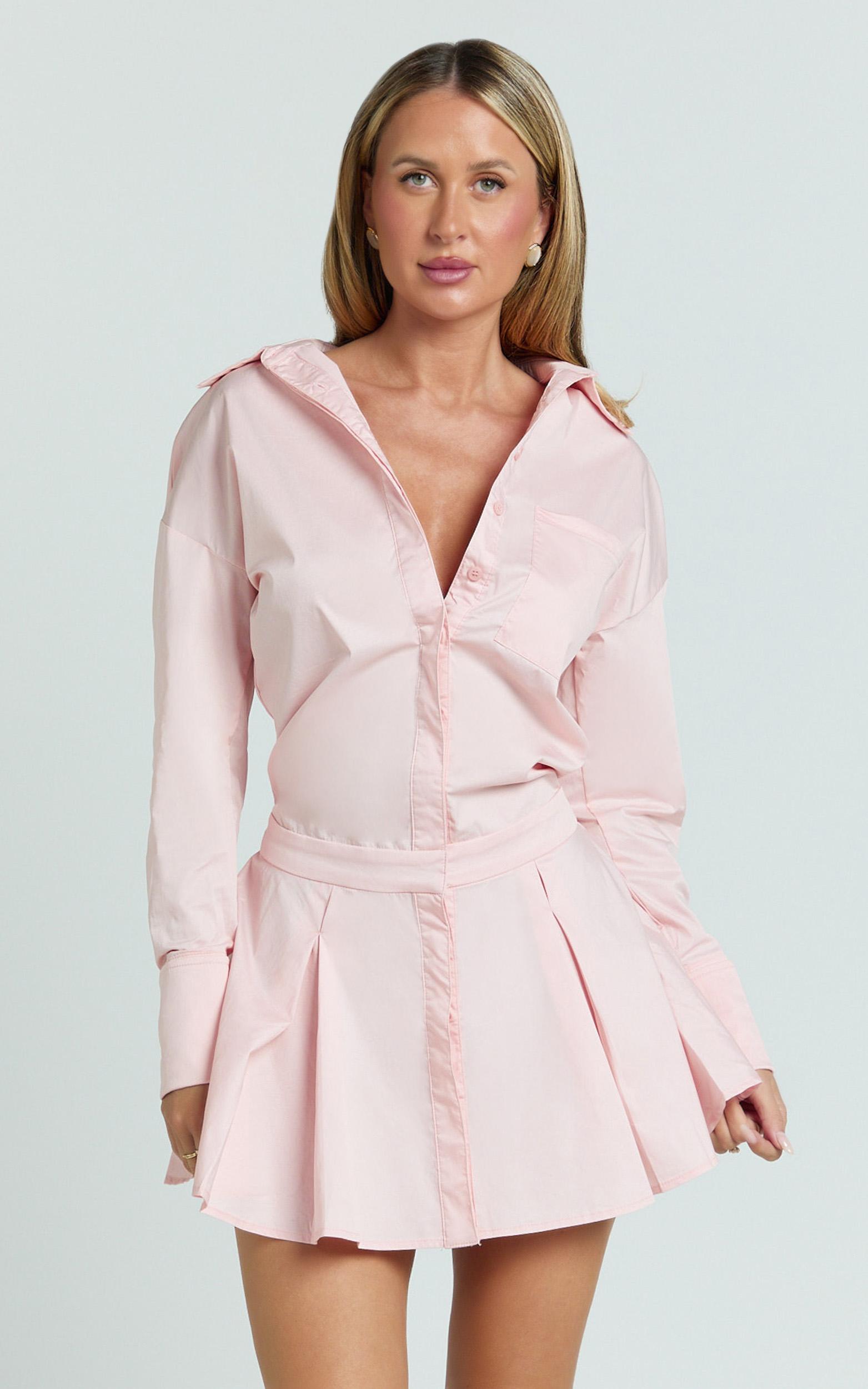 valentina mini dress - collared long sleeve button front dropped waist dress in pink