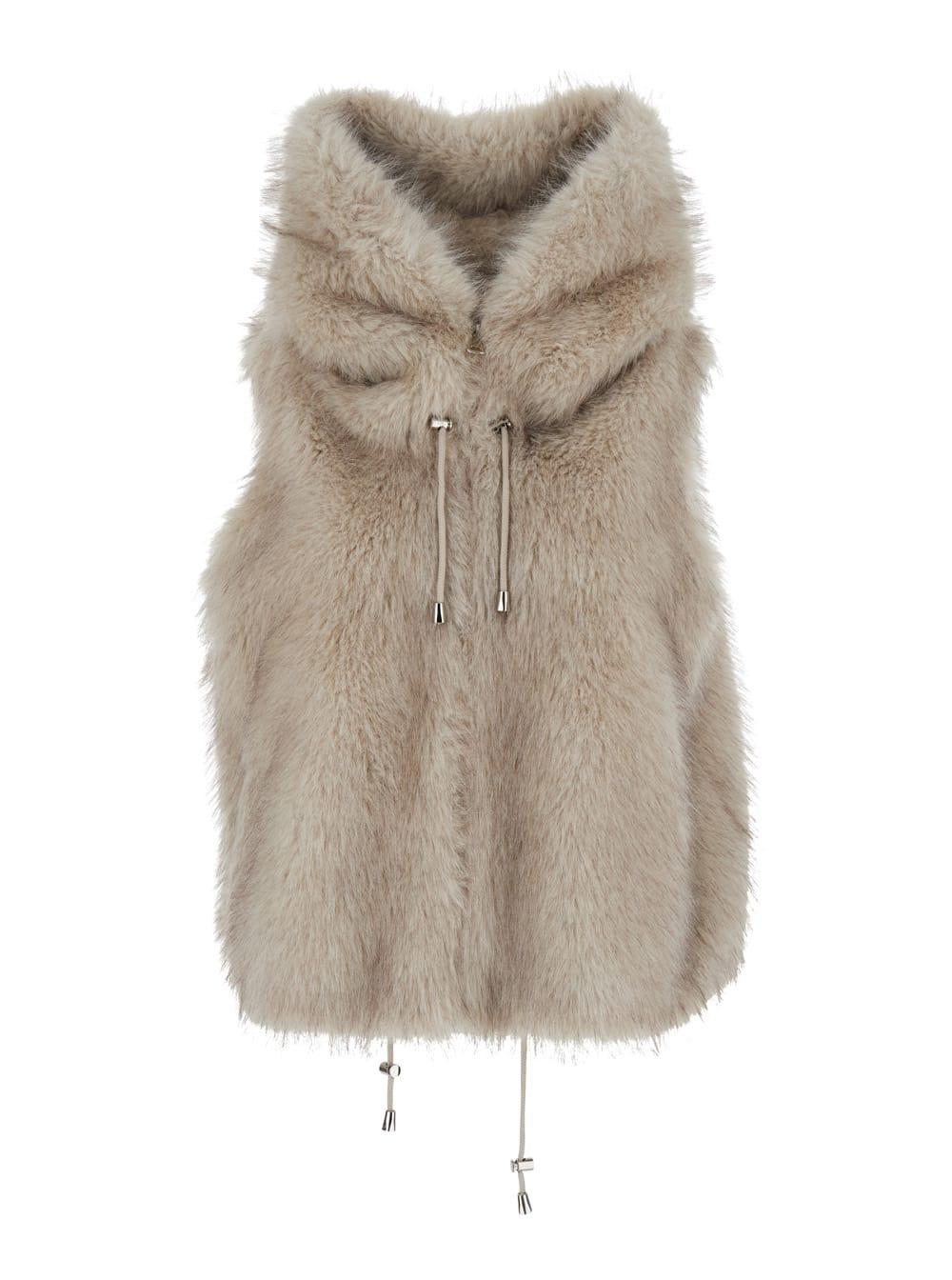 valentini 1972 beige sleeveless jacket with hood and drawstring in faux fur woman