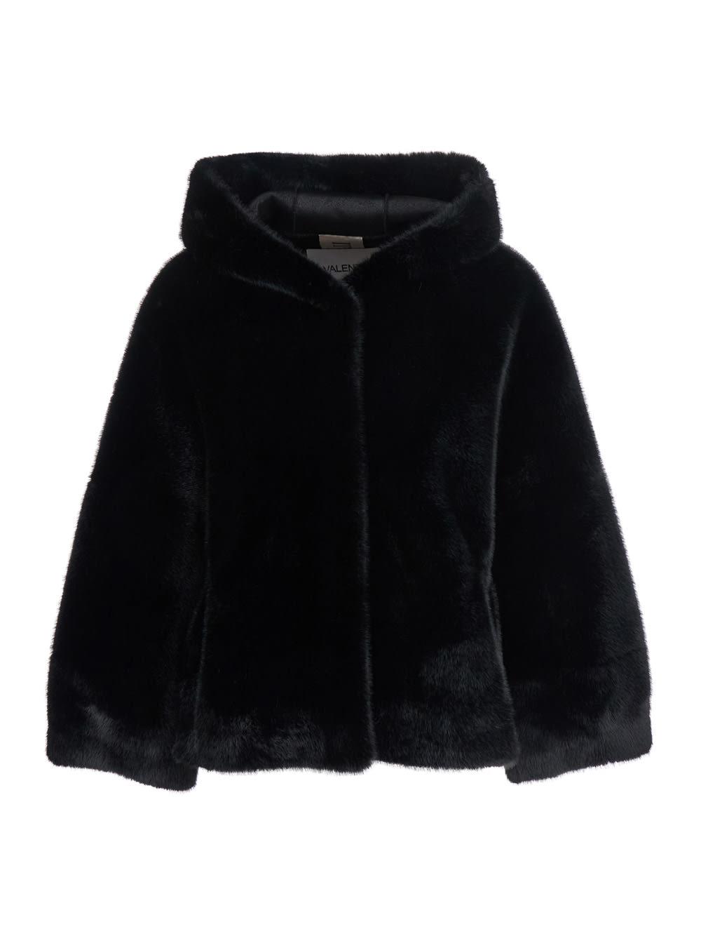 valentini 1972 black jacket with fixed hood in faux fur woman