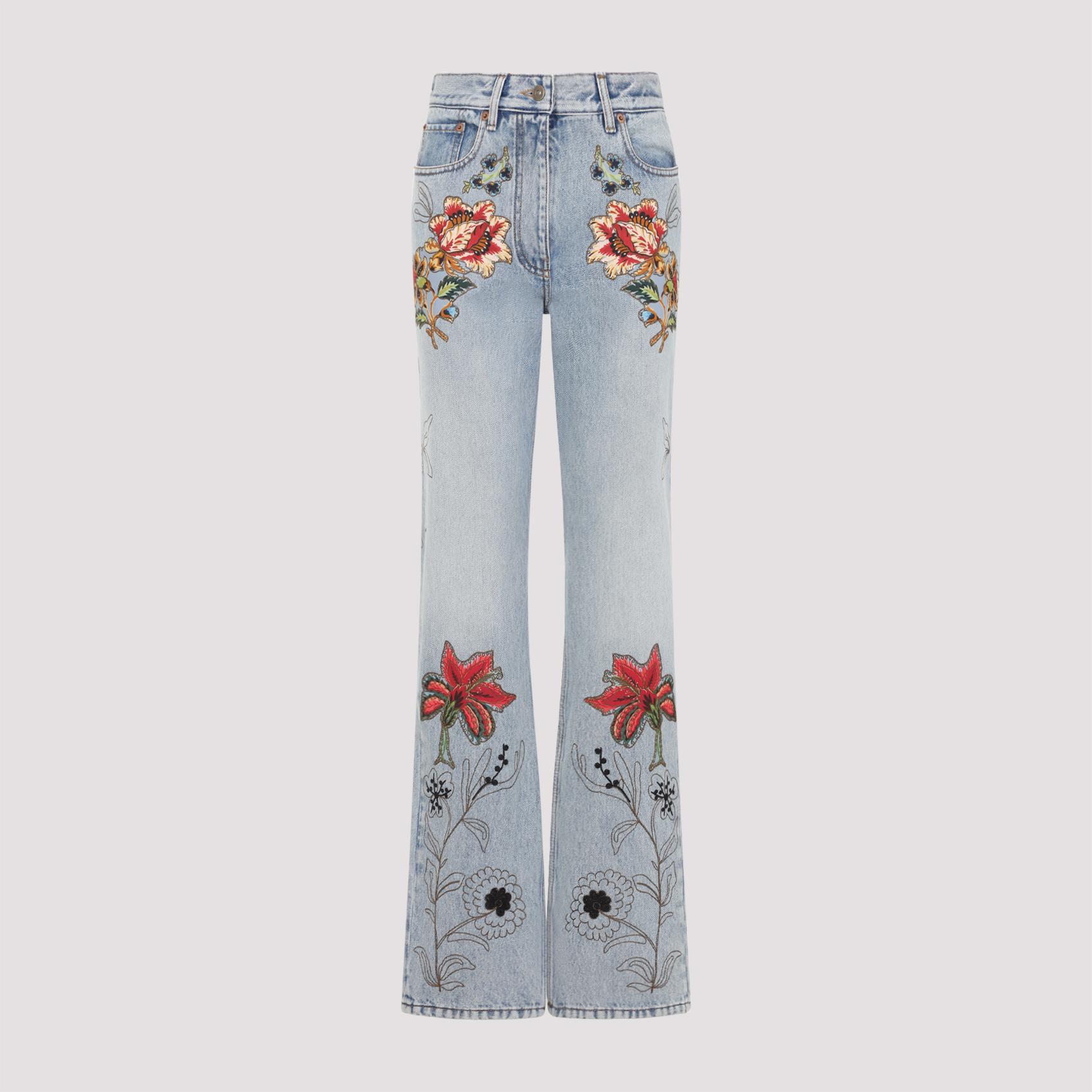 valentino denim 5 pockets embroidered flowers jeans blue cotton - women