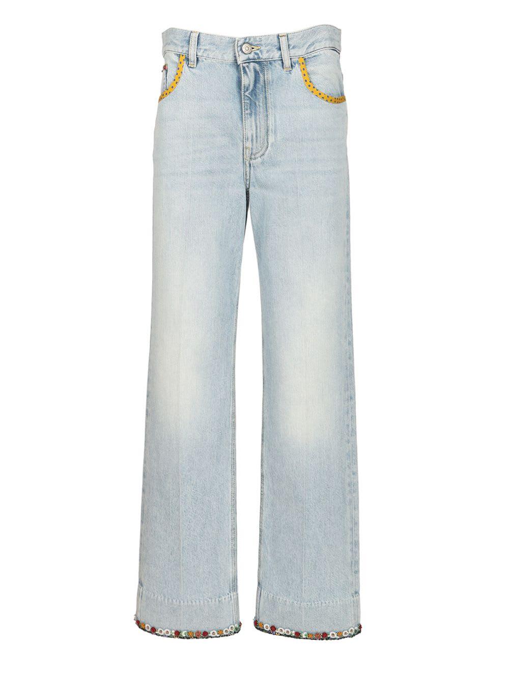 valentino denim trousers with embroidered flower trim