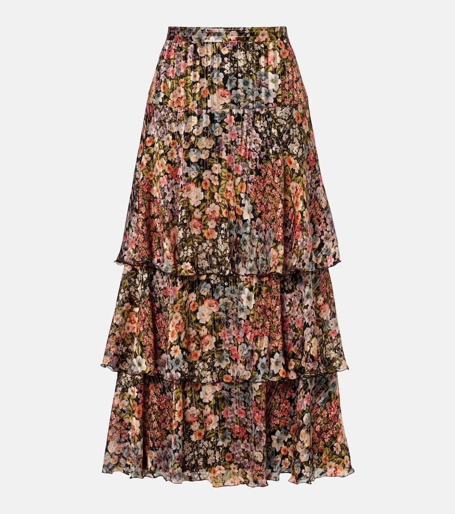 valentino floral plissé tiered silk midi skirt