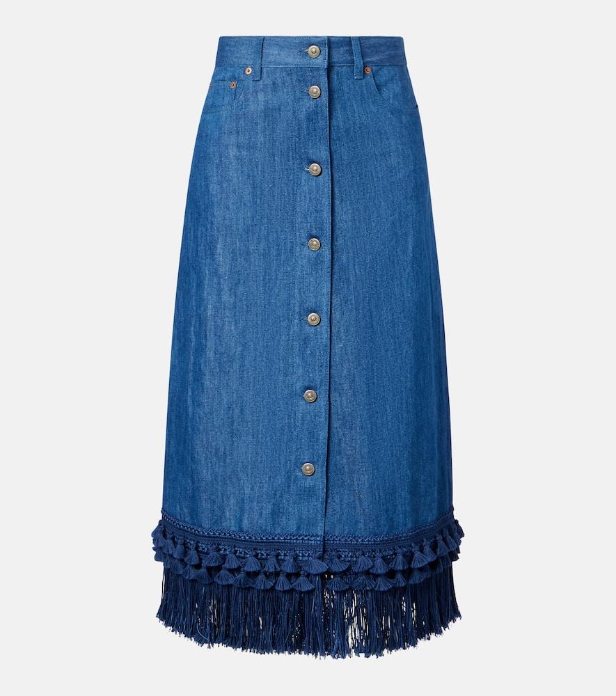 valentino fringed denim midi skirt