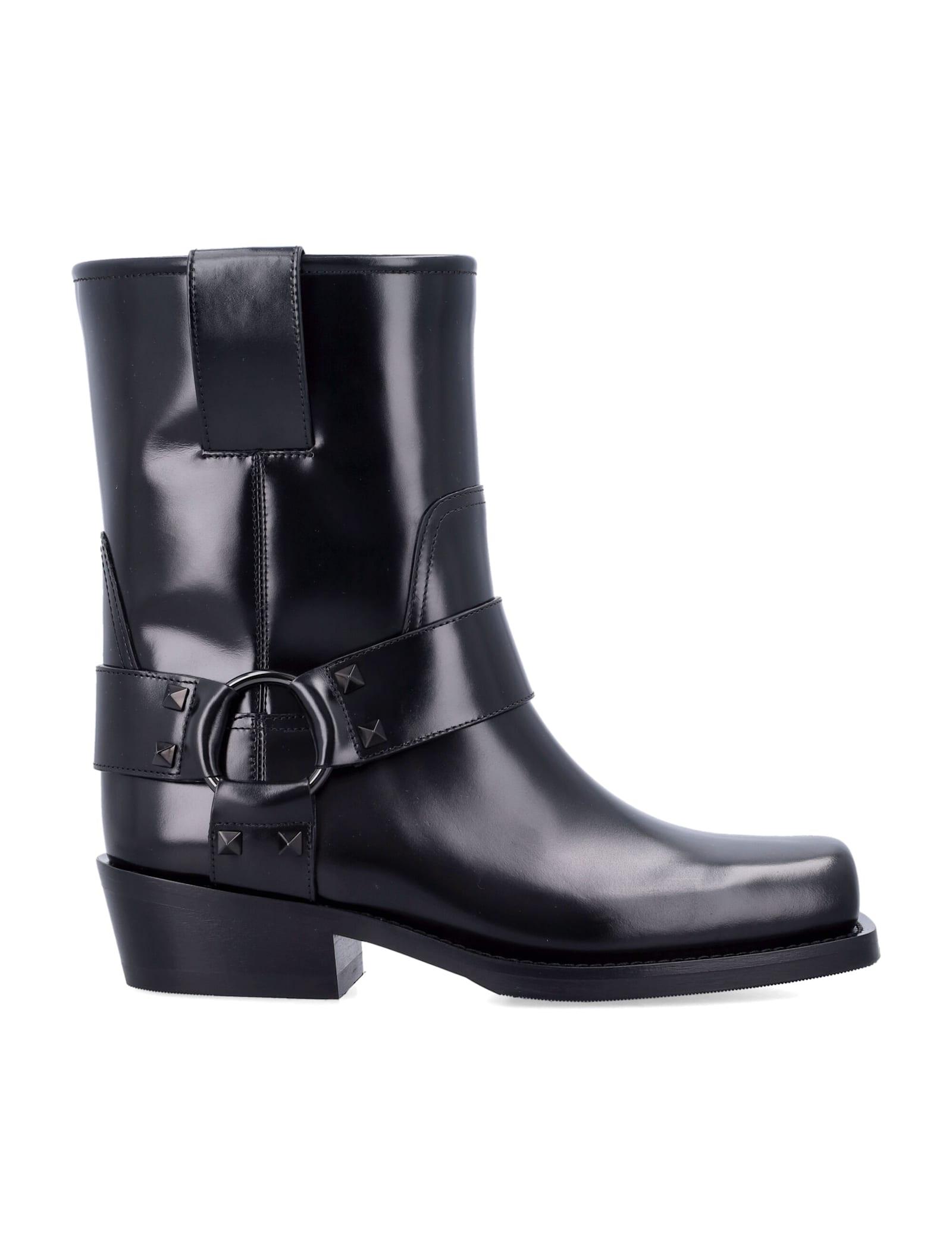 valentino garavani black leather biker rockstud ankle boots