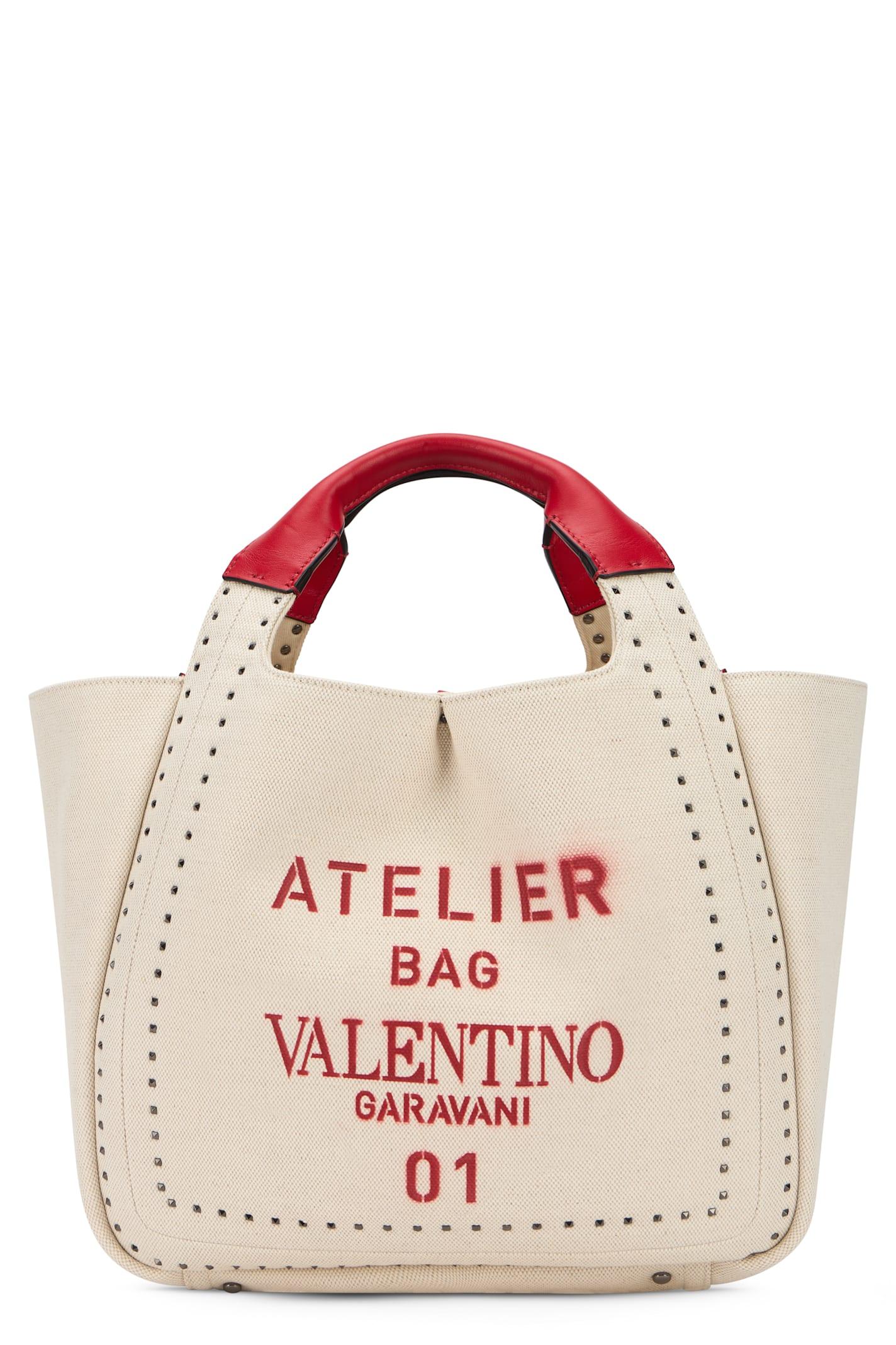 valentino garavani elegant beige tote bag with red details