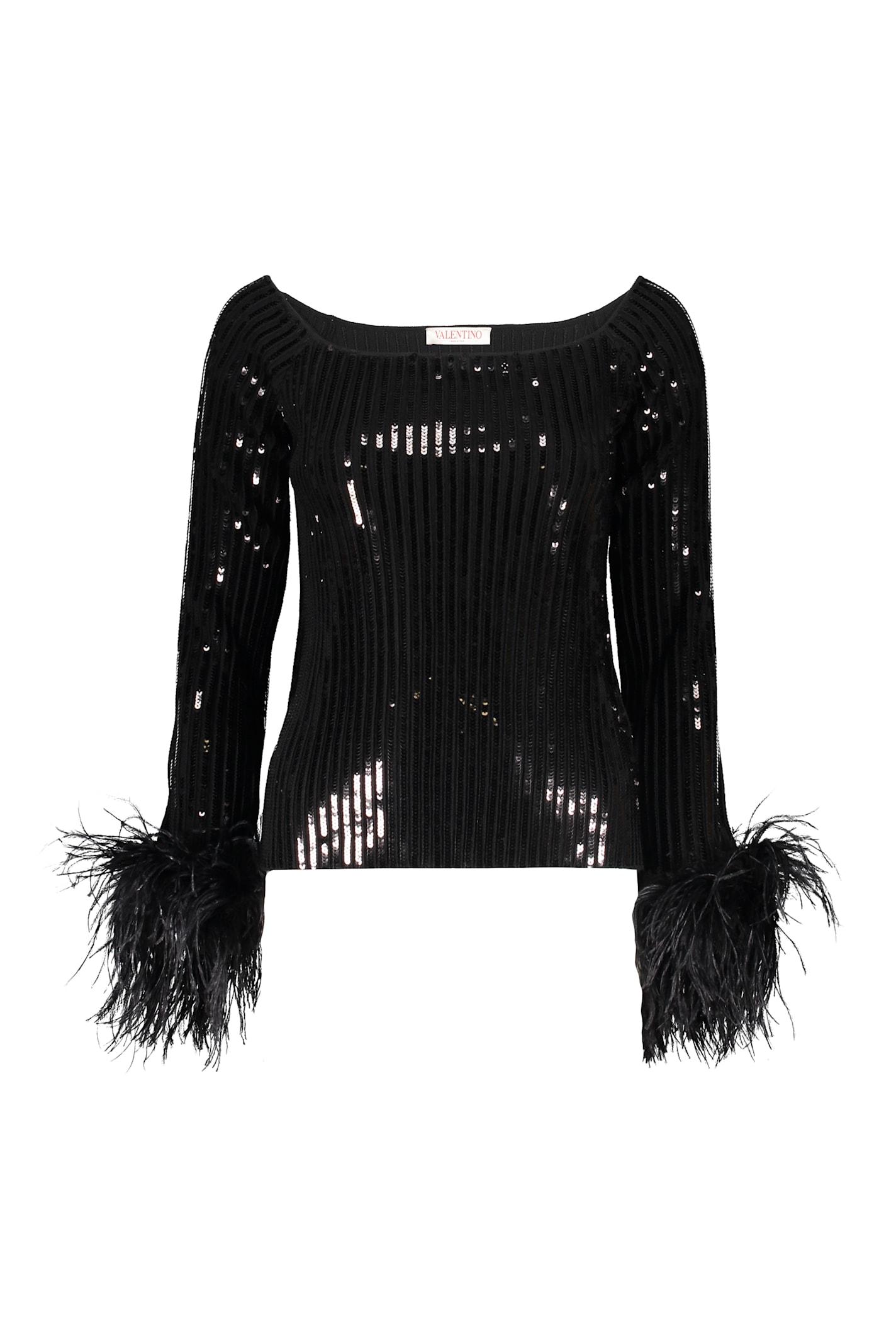 valentino garavani elegant black top with long sleeves and feathers