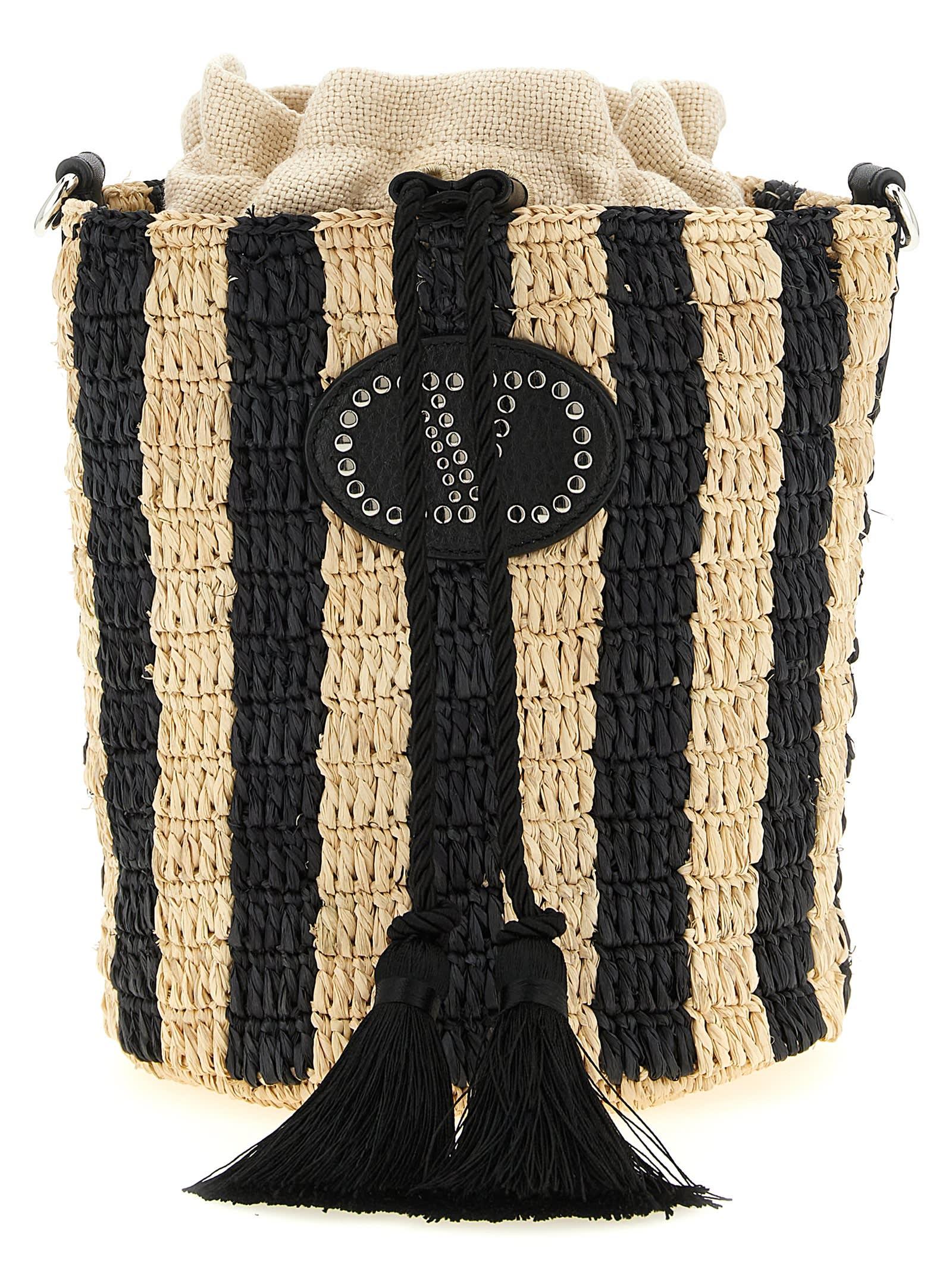 valentino garavani raffia small bucket bag