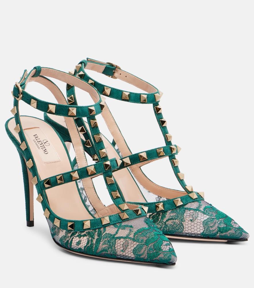 valentino garavani rockstud 100 lace and suede pumps