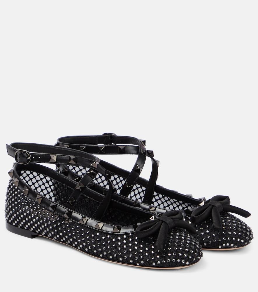 valentino garavani rockstud embellished mesh ballet flats