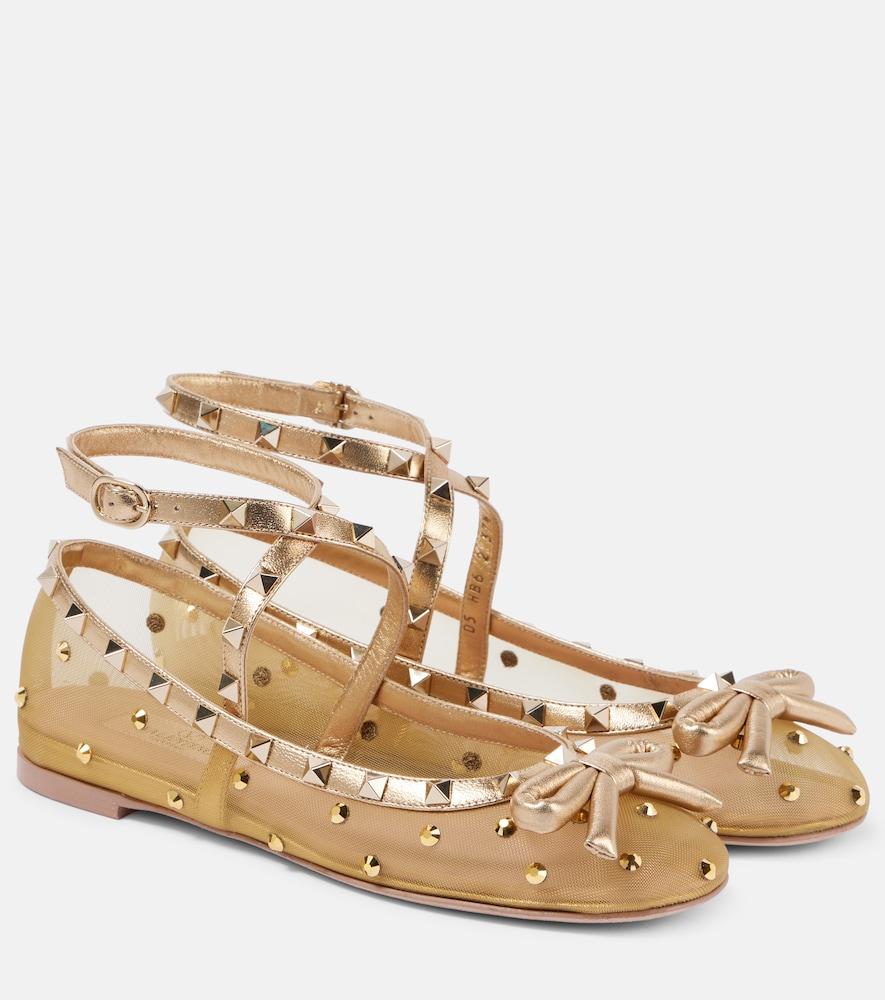 valentino garavani rockstud embellished mesh ballet flats