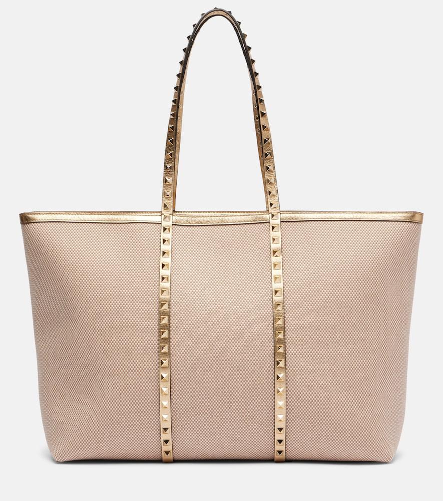 valentino garavani rockstud large leather and canvas tote bag