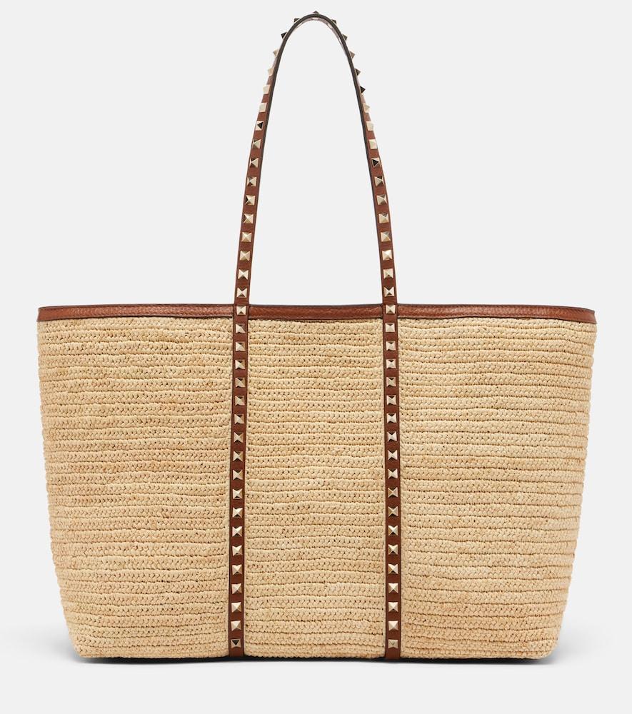 valentino garavani rockstud large raffia tote bag