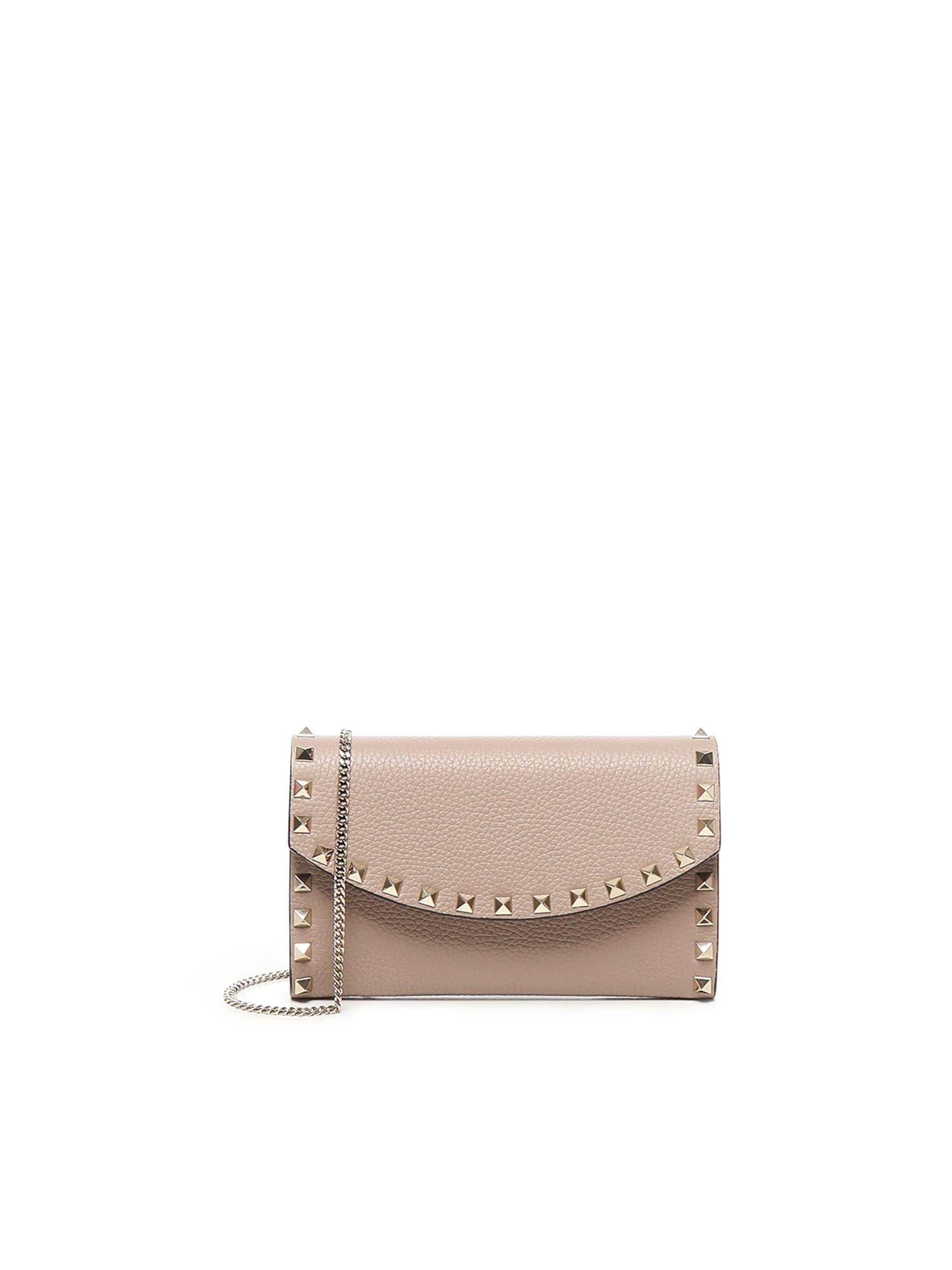 valentino garavani rockstud leather wallet with chain
