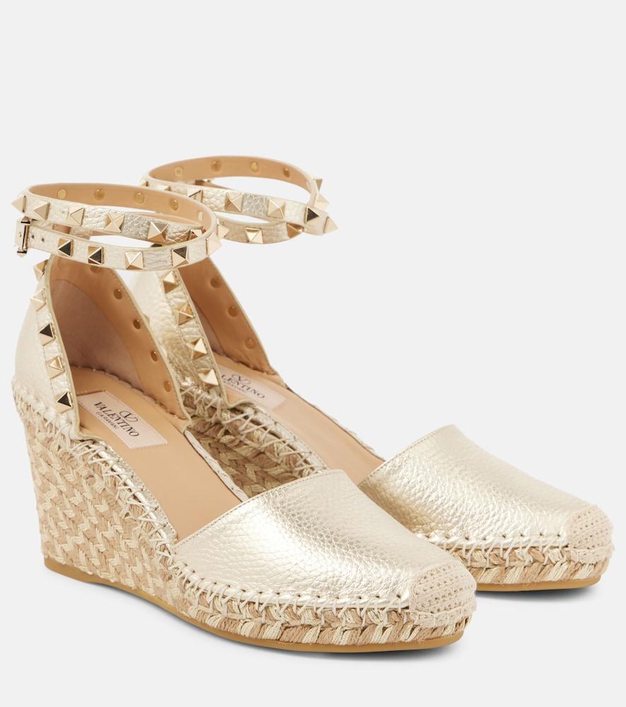 valentino garavani rockstud metallic leather espadrille wedges
