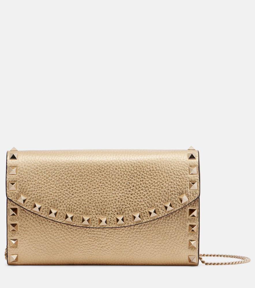 valentino garavani rockstud metallic leather wallet on chain
