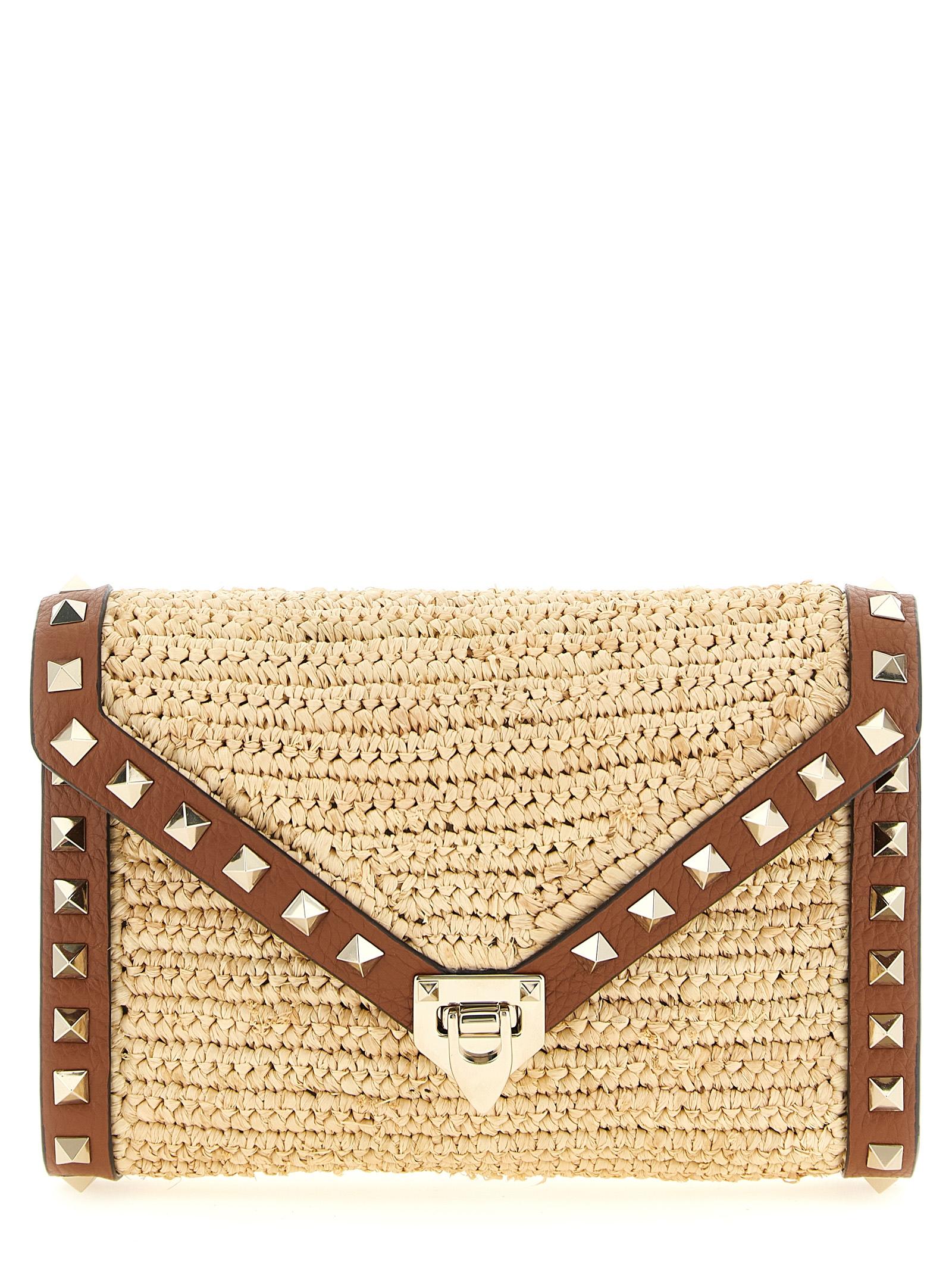 valentino garavani rockstud mini crossbody bag beige straw - women
