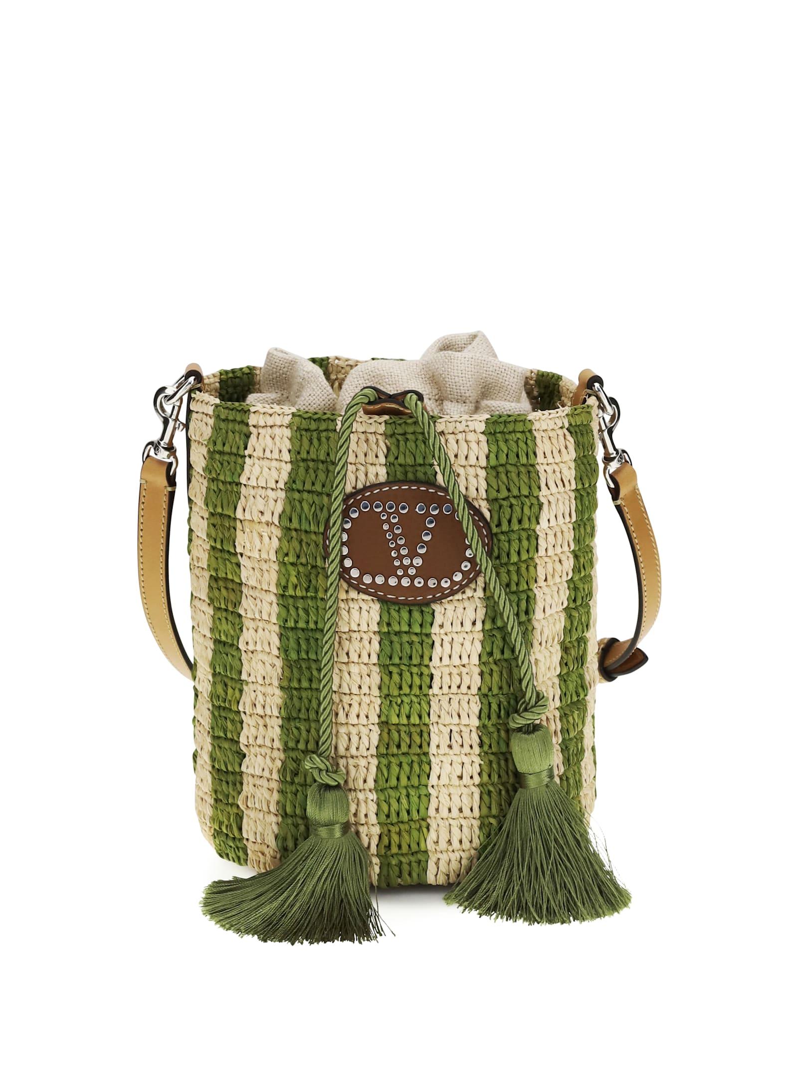 valentino garavani striped raffia bucket bag