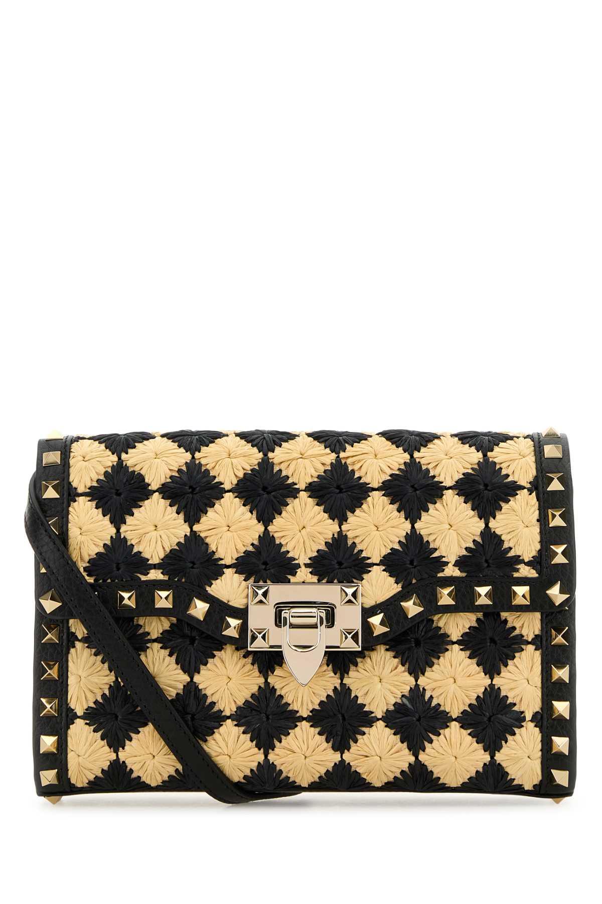 valentino garavani two-tone raffia rockstud crossbody bag