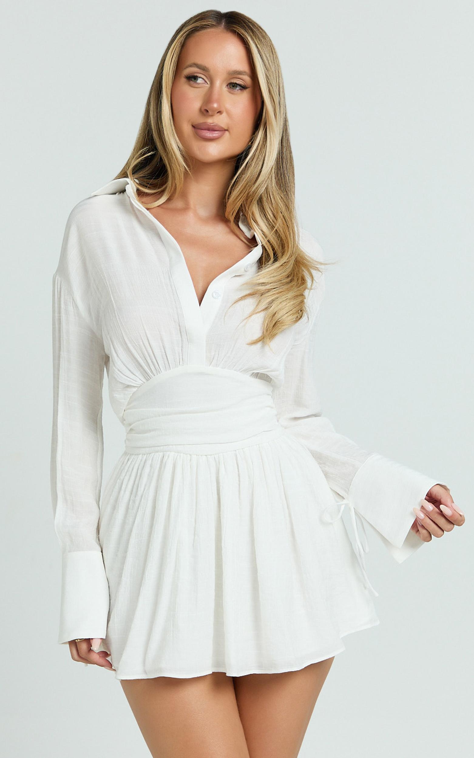 valerie mini dress - collared long sleeve corset waist shirt dress in white