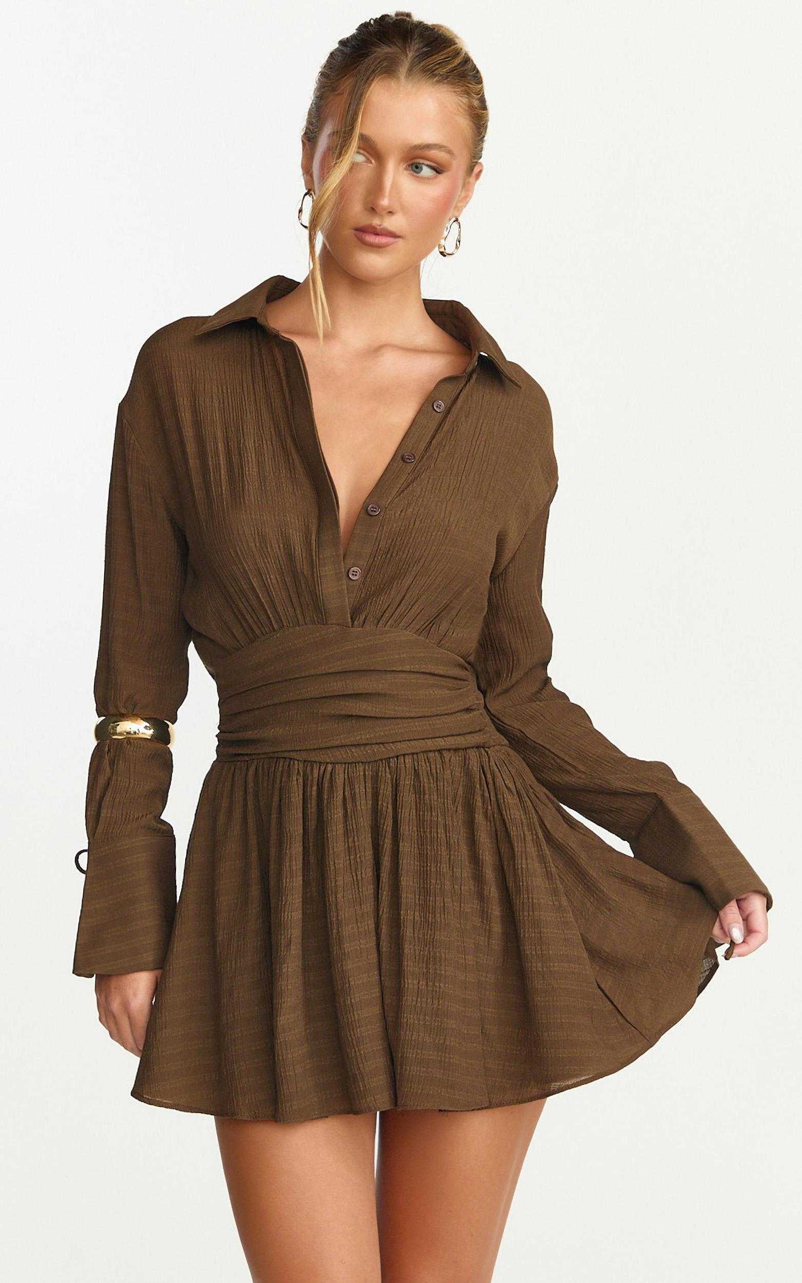 valerie mini dress - collared long sleeve waist shirt dress in chocolate