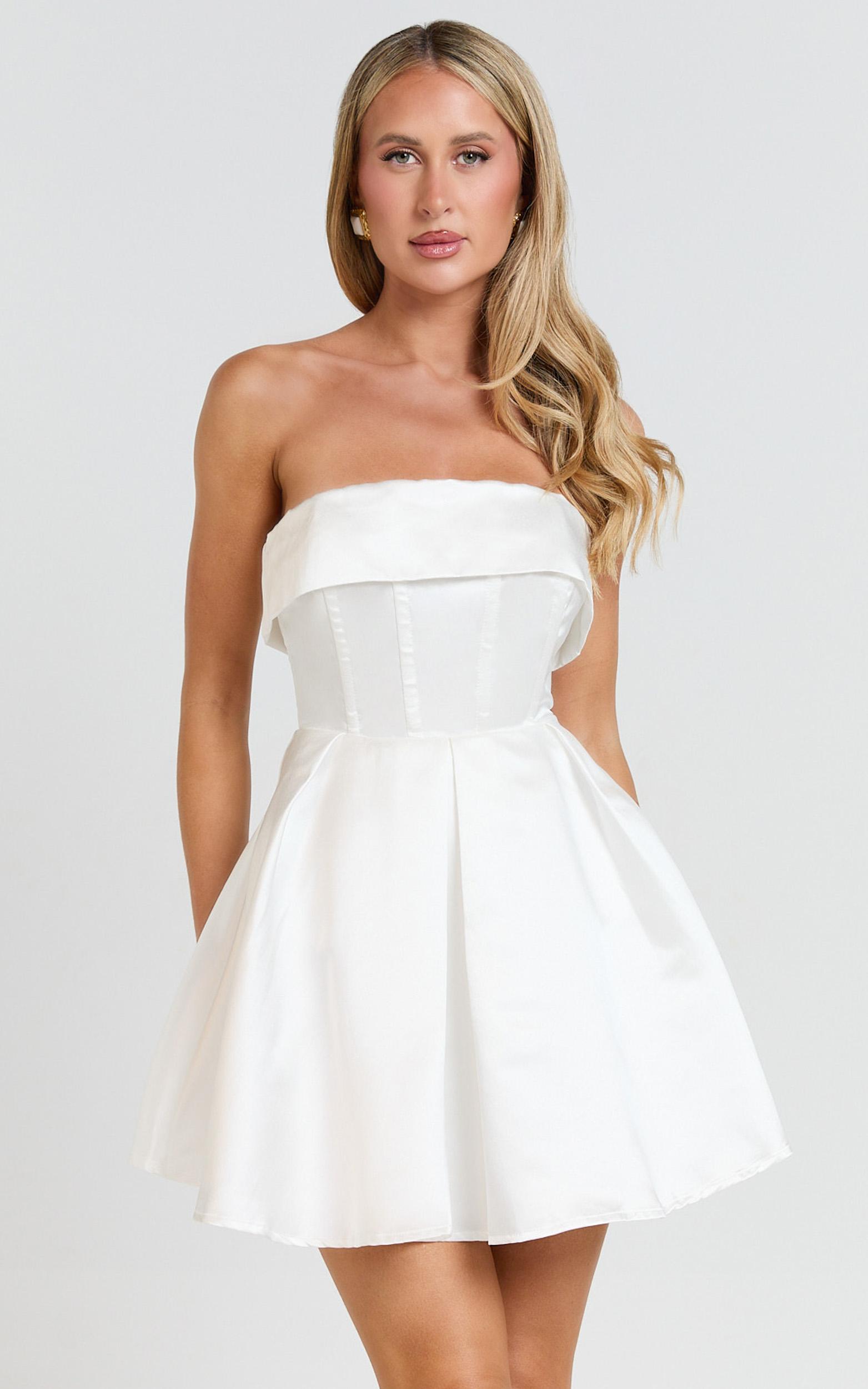 valora mini dress - strapless fit and flare satin dress in ivory