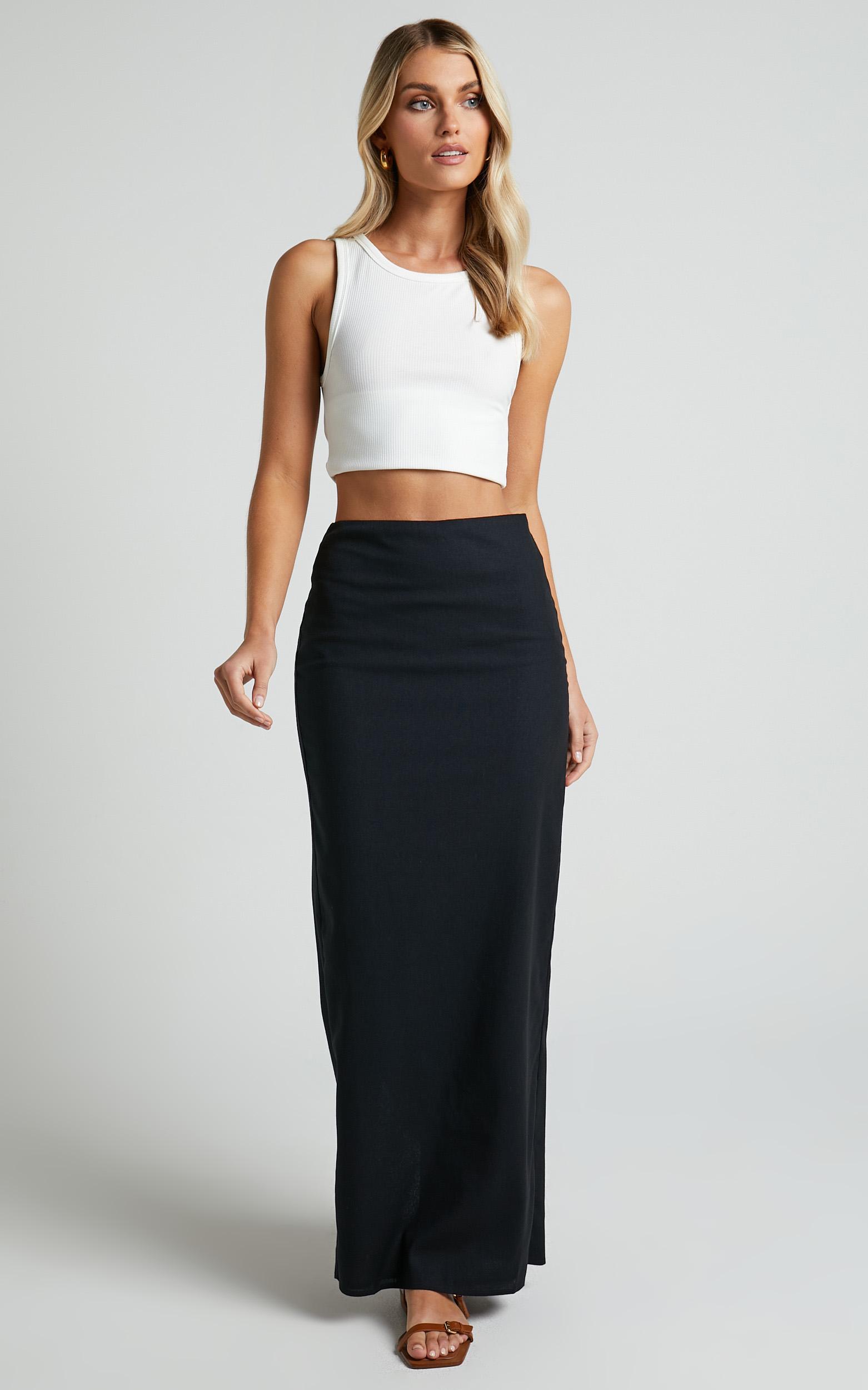 vance maxi skirt - linen back split skirt in black