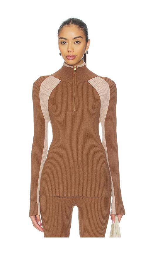 varley bellings half zip knit top in brown.