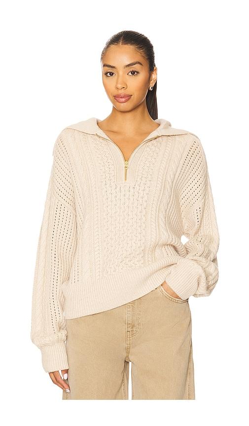 varley camello relaxed cable half zip sweater in beige.