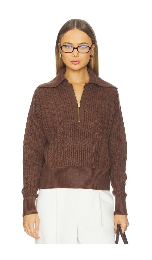 varley camello relaxed cable half zip sweater in brown.