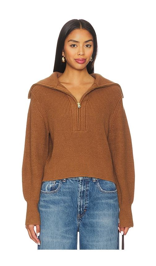 varley maura half zip rib knit in brown.