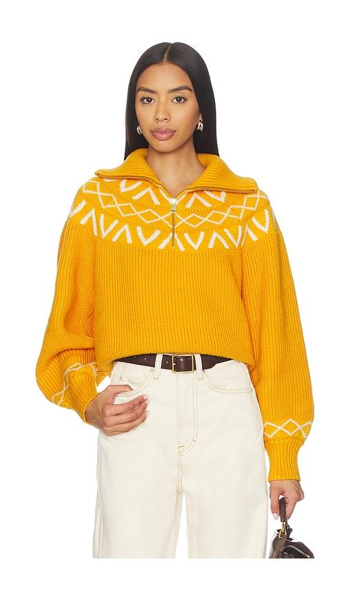 varley sigrid fairisle half zip knit sweater in yellow.