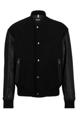 varsity-style jacket with monogram-embossed leather sleeves- black men's leather jackets