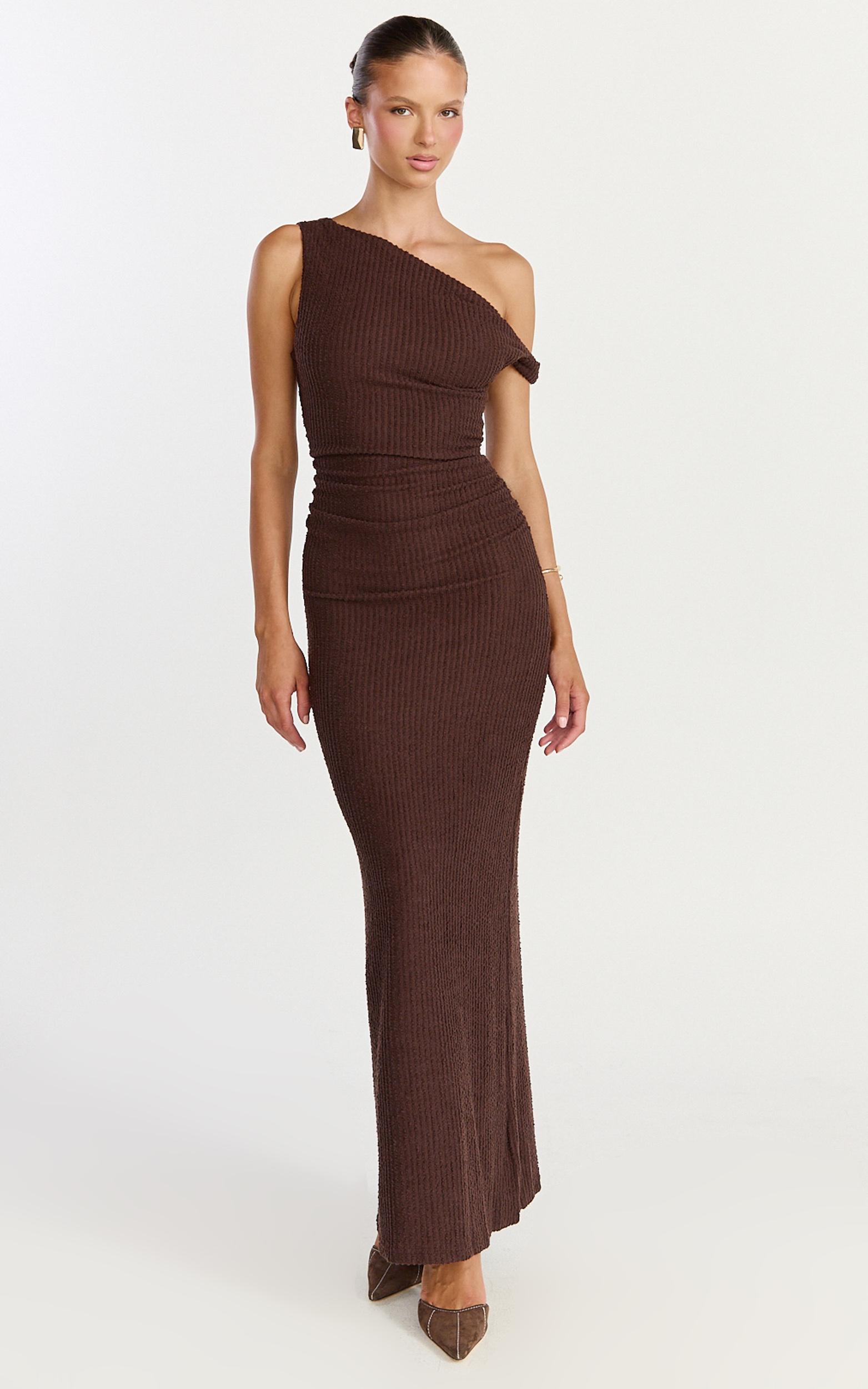 veda maxi dress - asymmetric one shoulder ruched maxi dress in chocolate