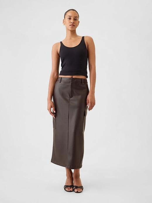 vegan leather cargo midi skirt