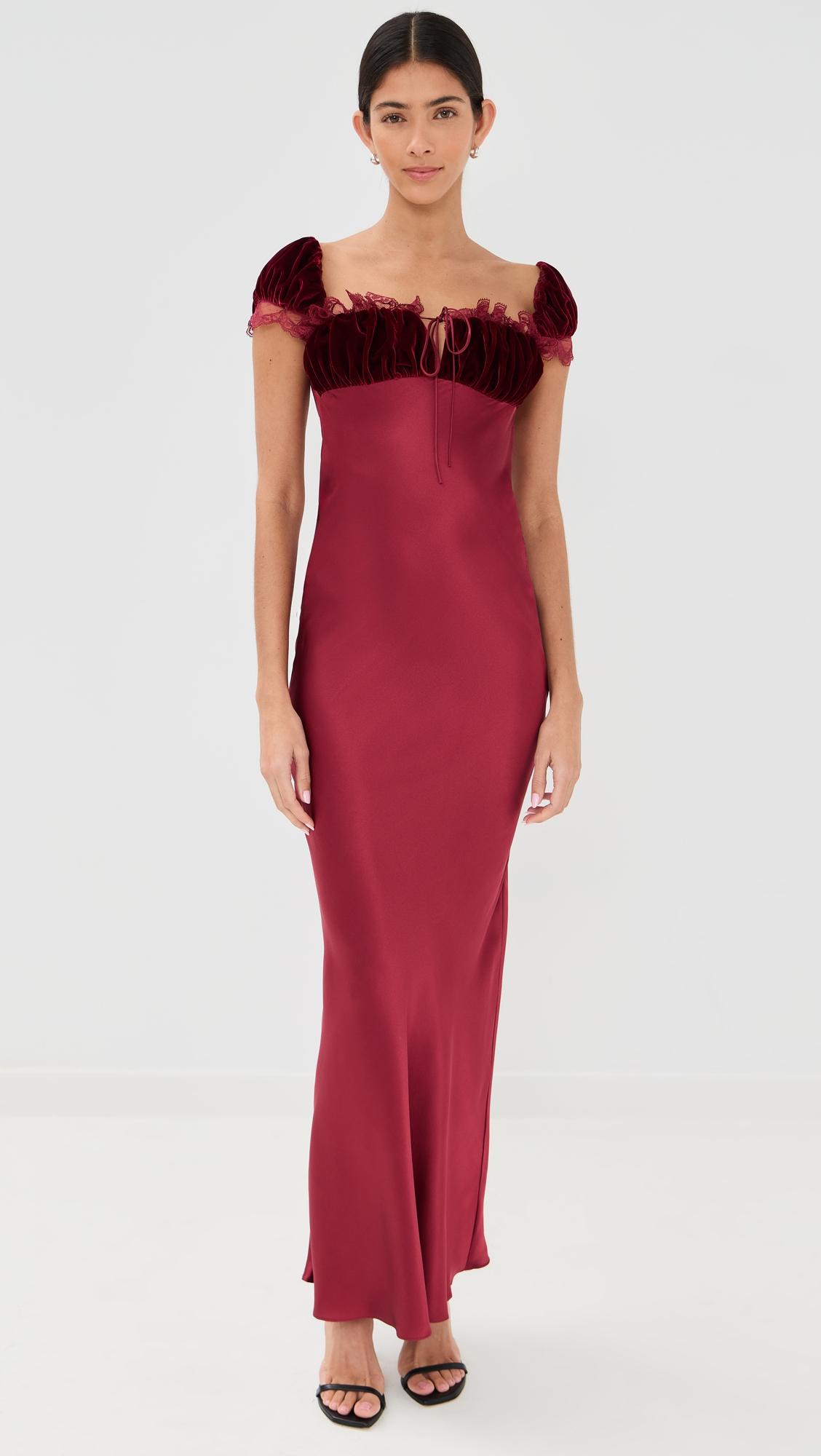 velvet and silk satin gown with gathered bust and lace detail