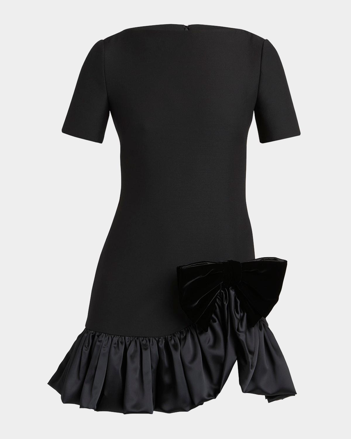 velvet bow ruffle short-sleeve mini dress