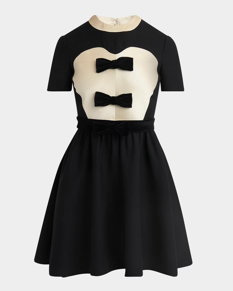 velvet bow short-sleeve bi-color crepe mini dress