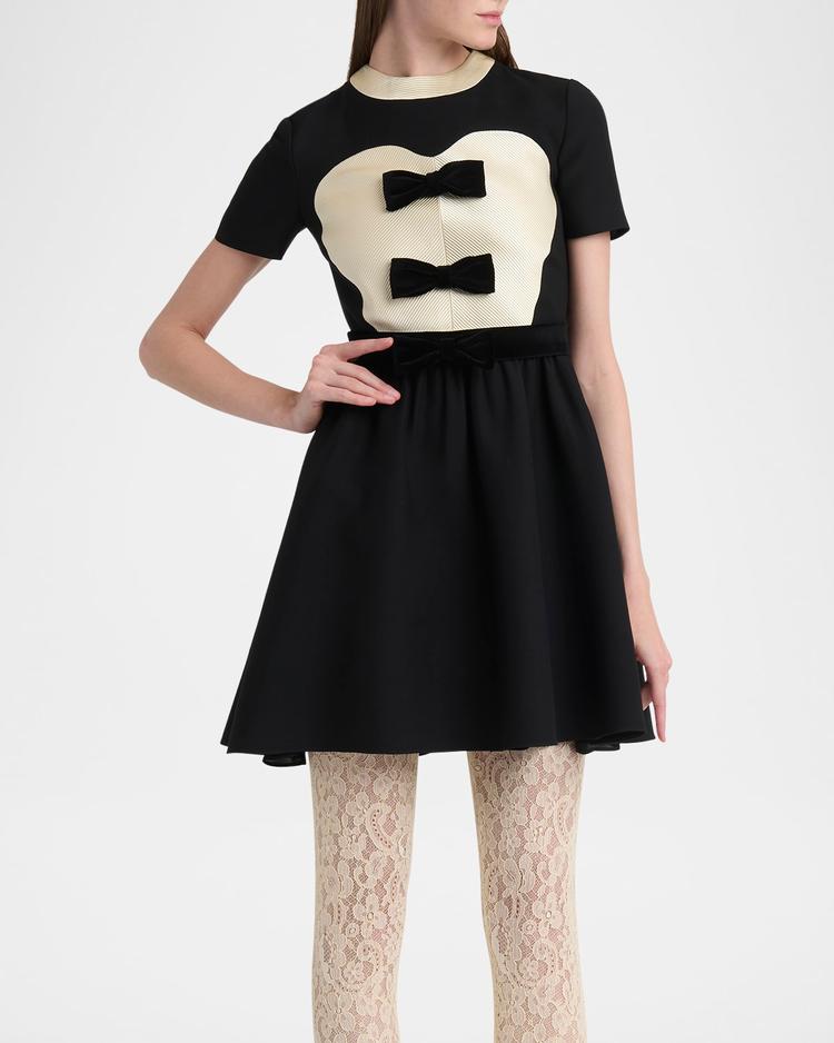 velvet bow short-sleeve bi-color crepe mini dress