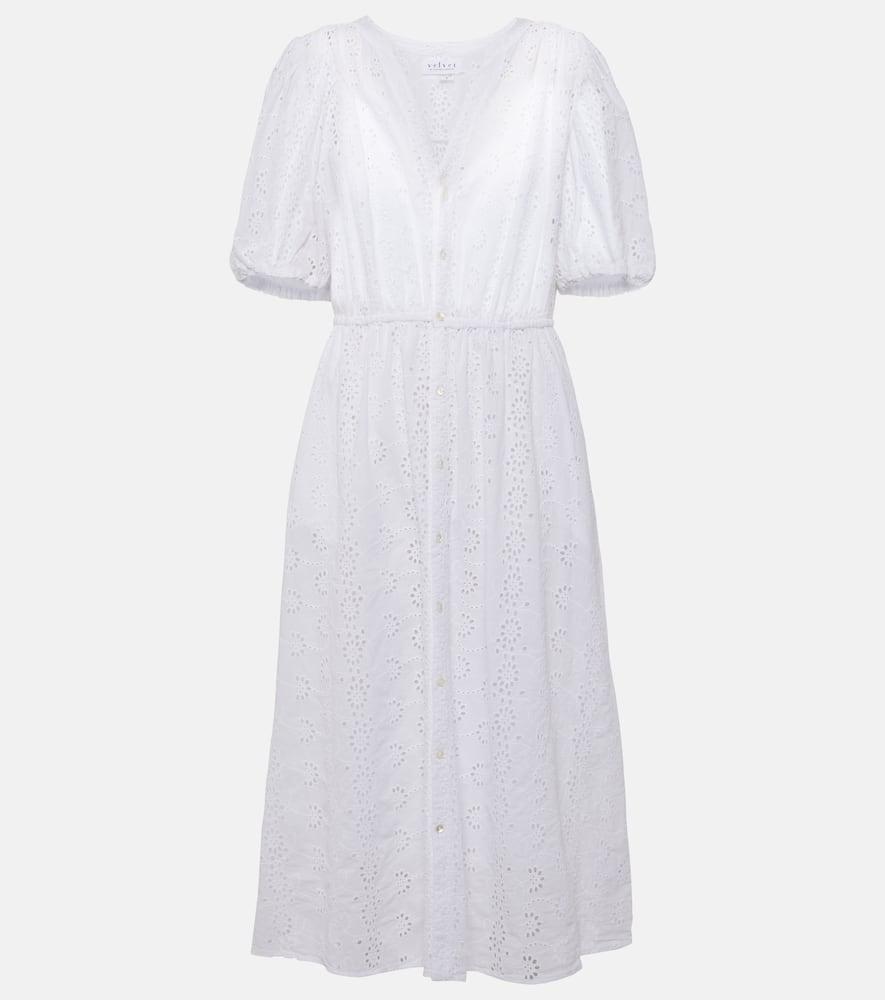 velvet broderie anglaise cotton midi dress