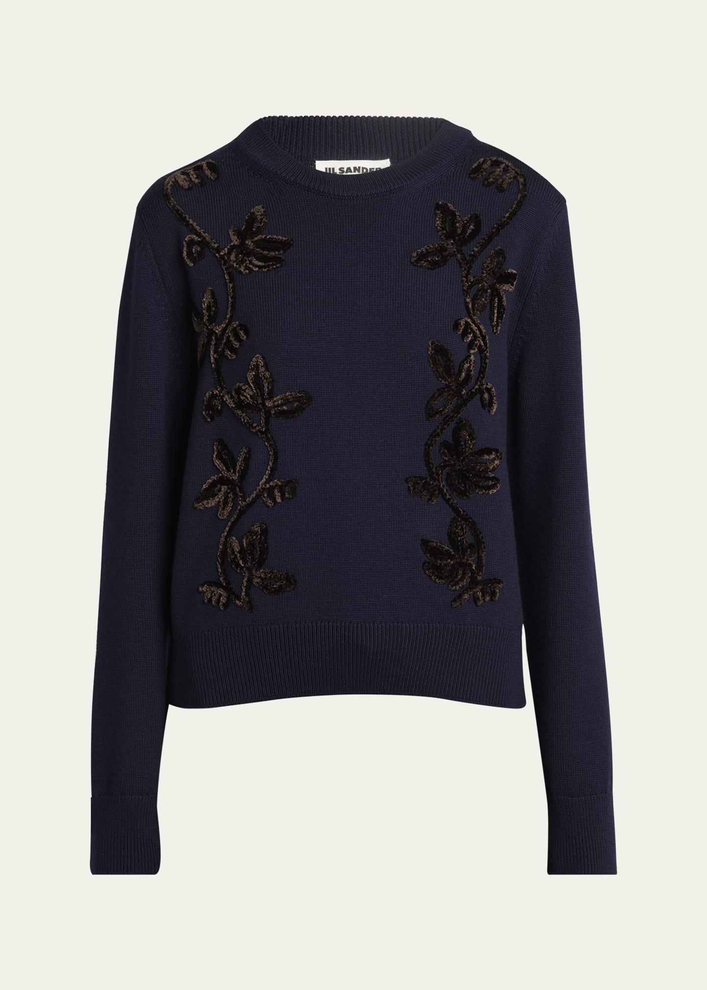 velvet floral embroidered merino crewneck sweater