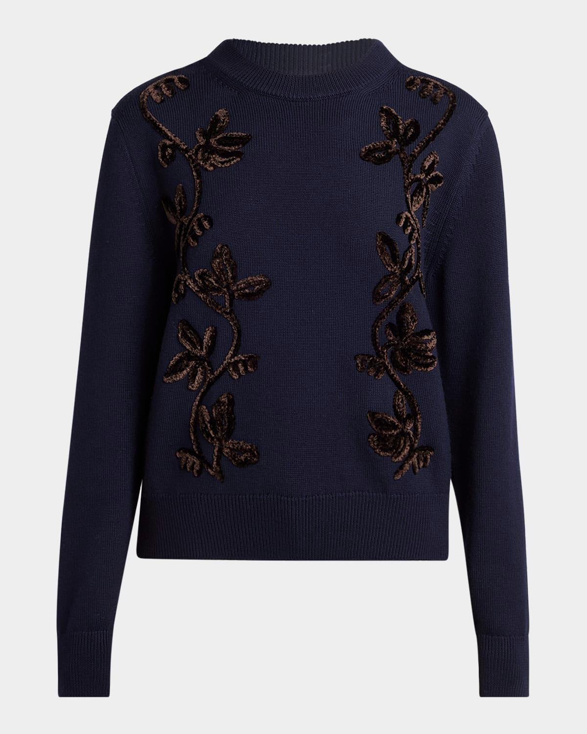 velvet floral embroidered merino crewneck sweater