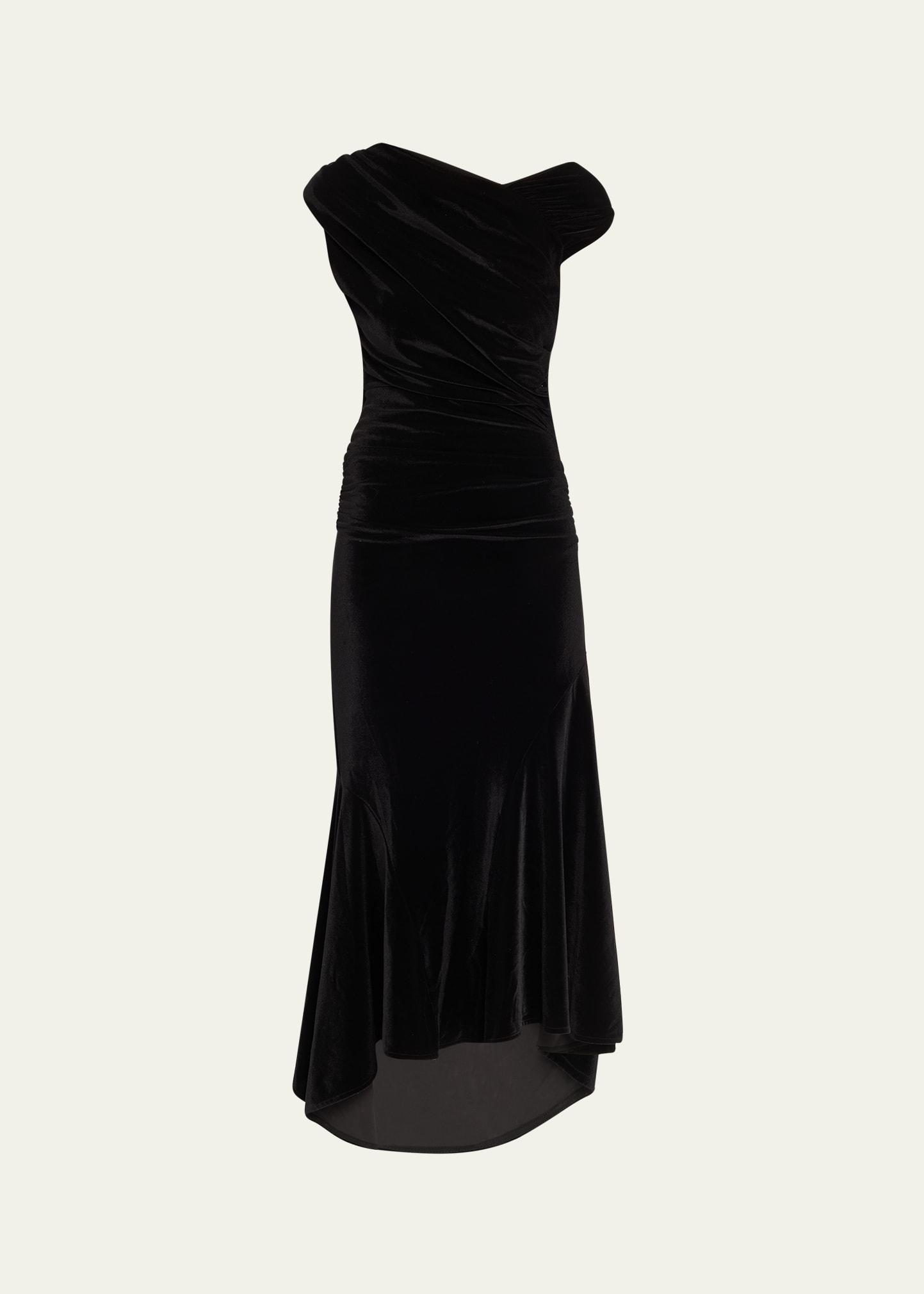 velvet jersey ruched crossover midi dress