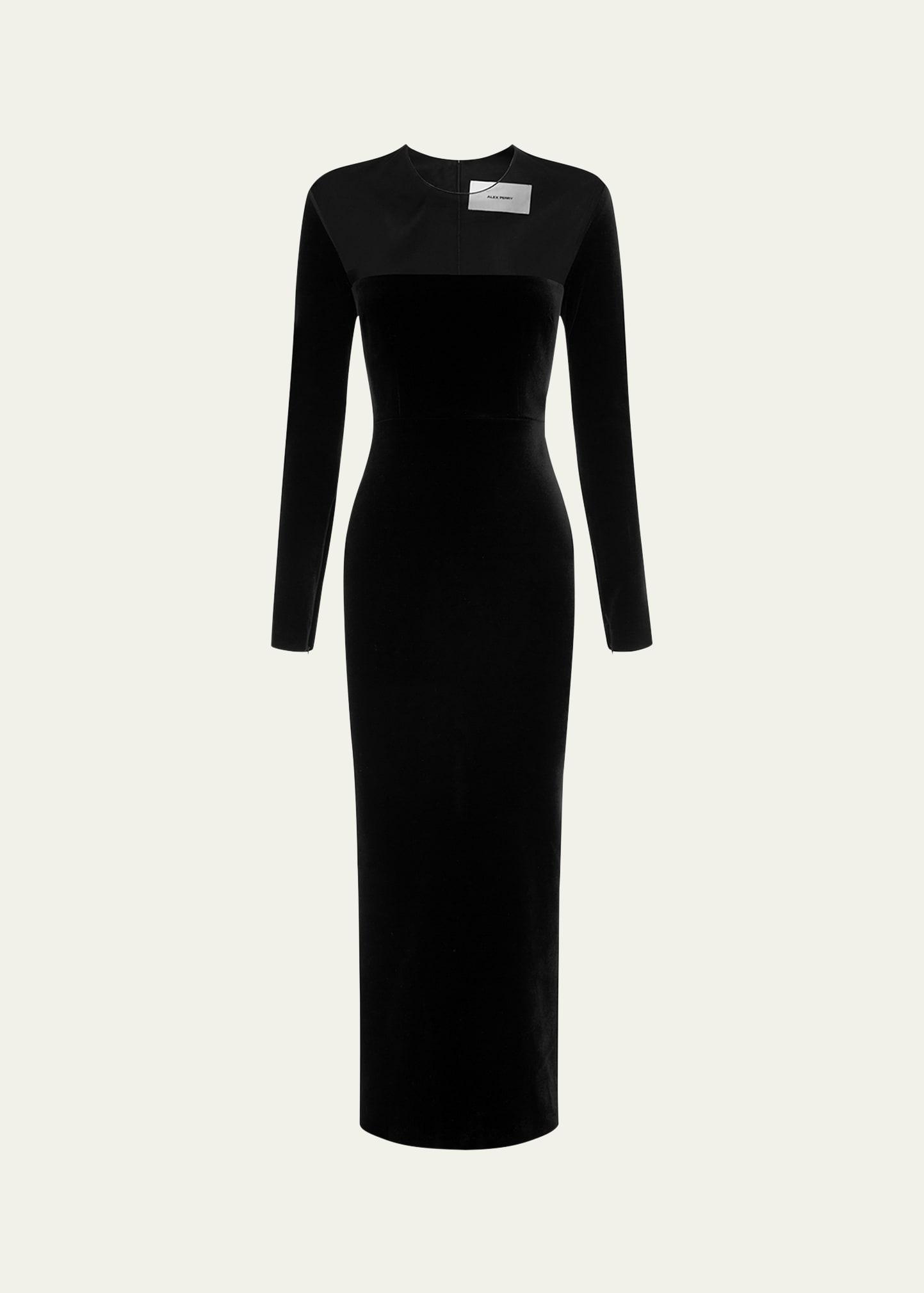 velvet long sleeve dress with contrast mesh panel