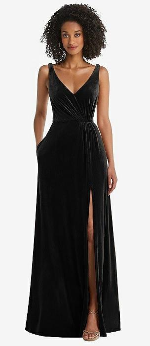 velvet maxi dress with shirred bodice and front slit