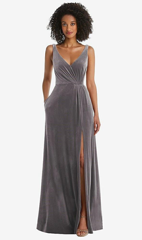 velvet maxi dress with shirred bodice and front slit
